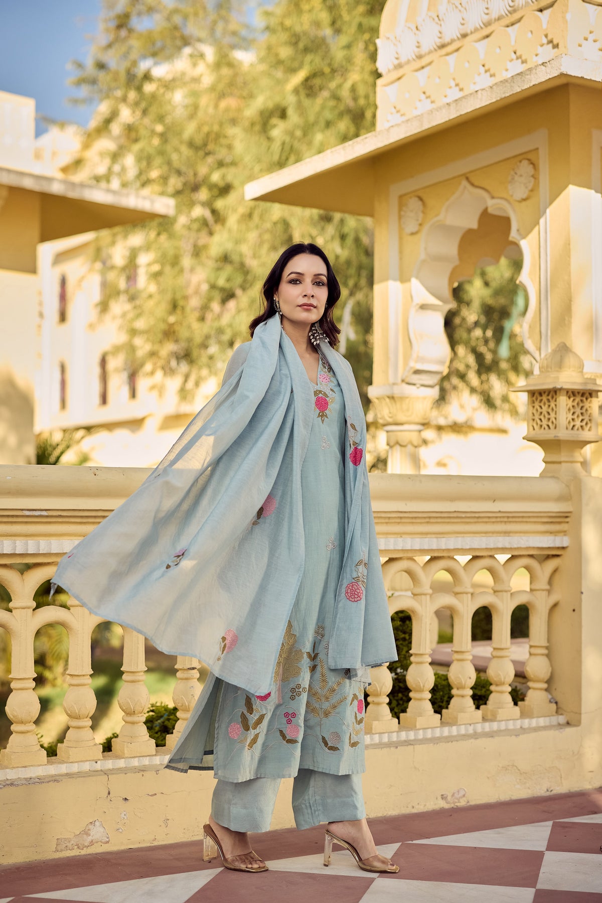 Women's Chanderi Silk Embroidered Kurta Pant Set with Matching Embroidered