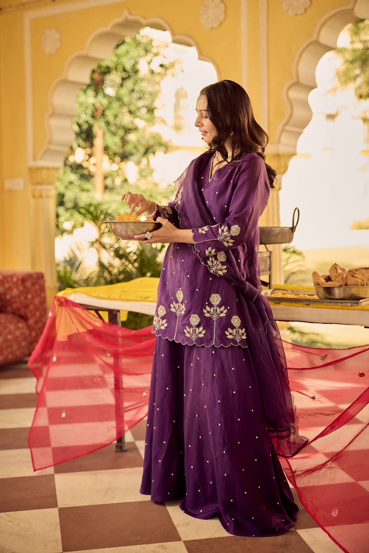 Gulabo Purple Chanderi Silk Embroidered Palazzo Suit Set with Organza Dupatta