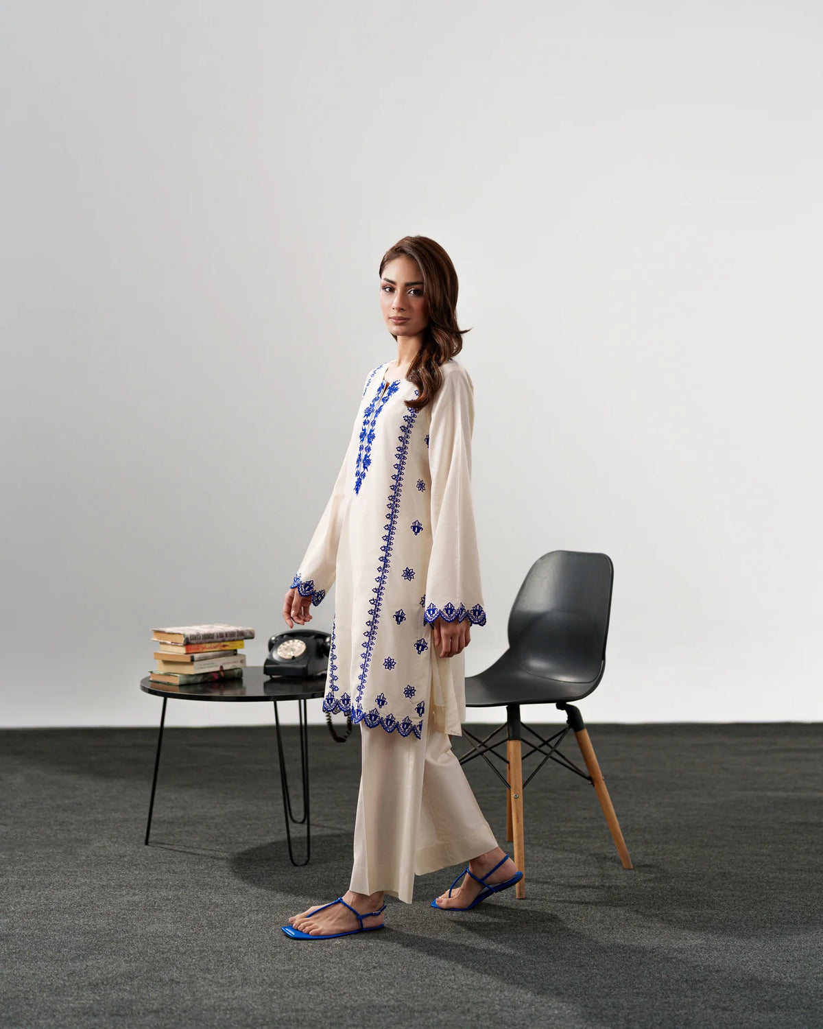 Harley Ivory Chanderi Silk Blue Embroidered Kurta Pant Set