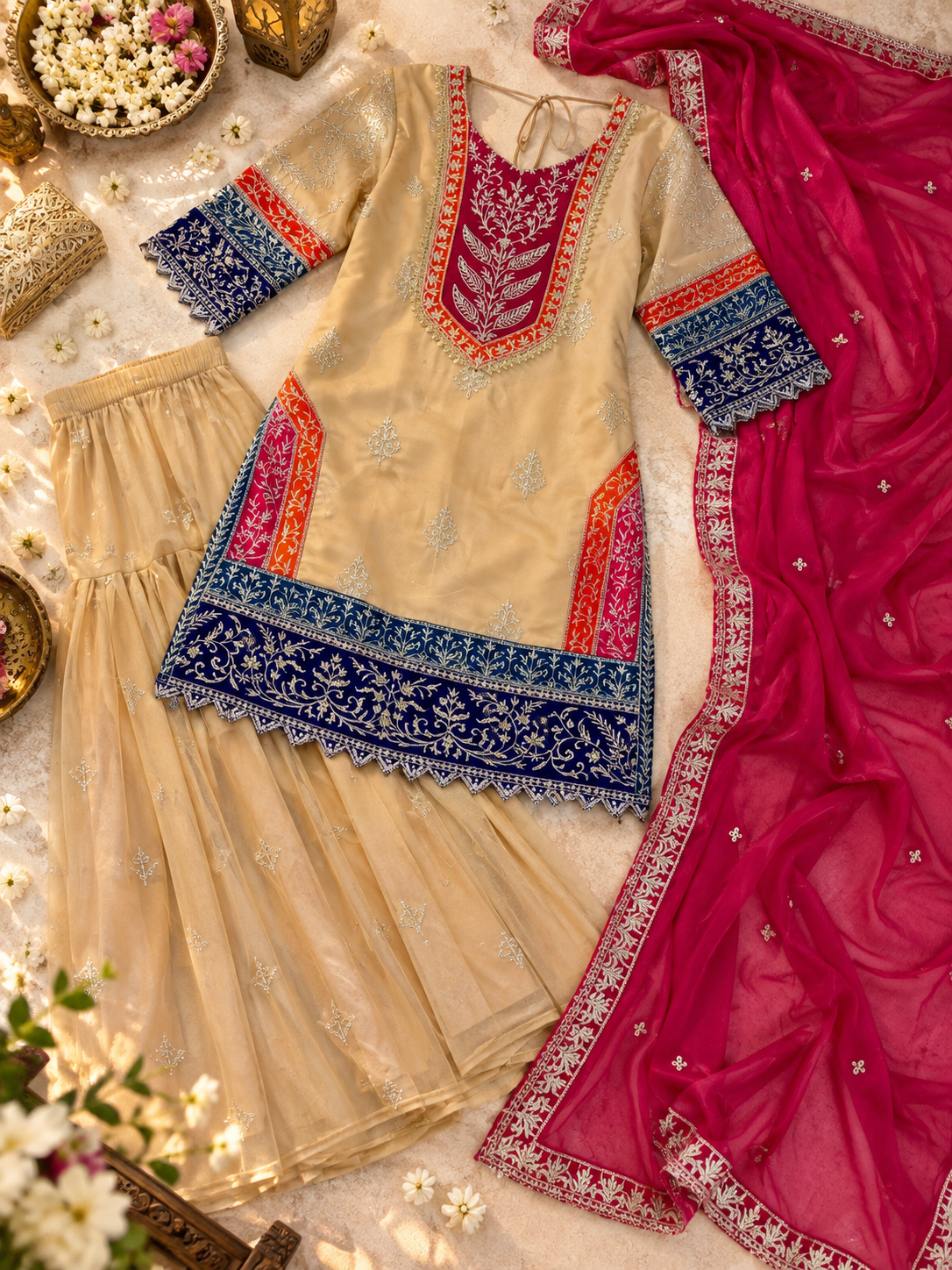 Embroidered Beige & Pink 3-Piece Suit Set with Dupatta