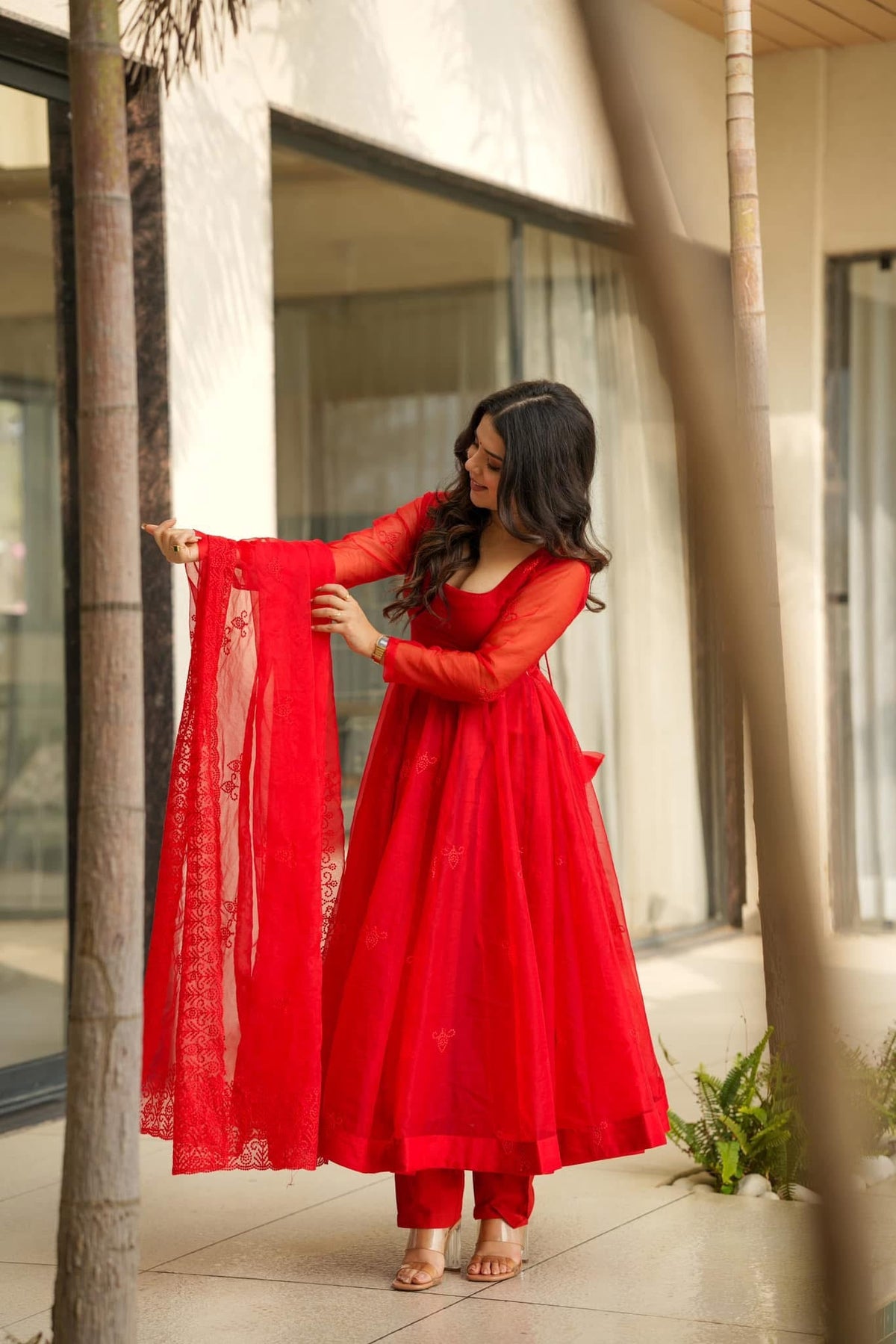 Dhrupal Red Embroidered Taby Silk Anarkali Suit Set with Dupatta