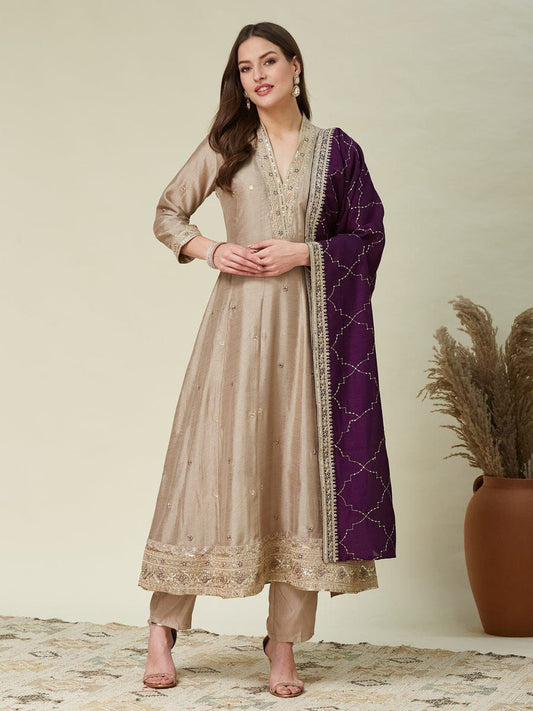 Elegant Embroidered Vichhitra Silk Anarkali Kurta Pant Set with Dupatta