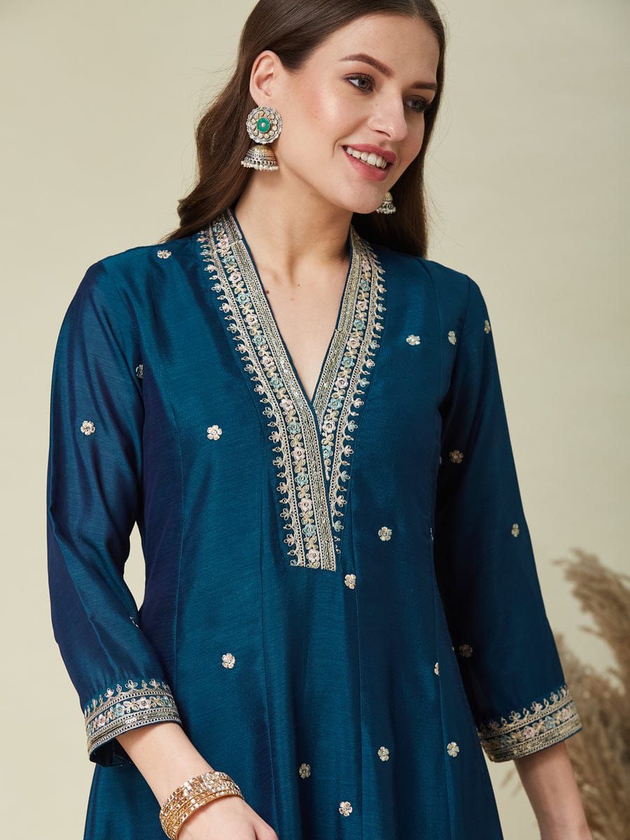 Elegant Embroidered Vichhitra Silk Anarkali Kurta Pant Set with Dupatta