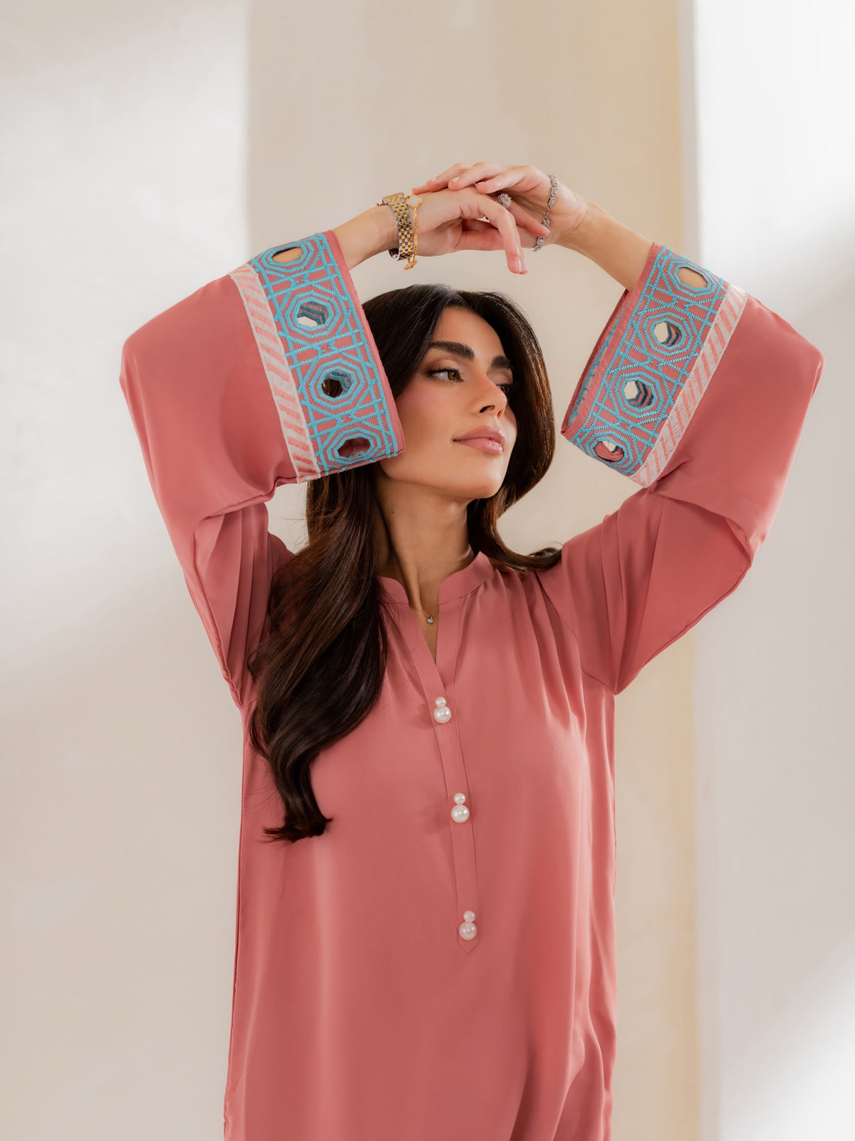 Chahana Rose Pink Embroidered French Crepe Kurta Pant Set