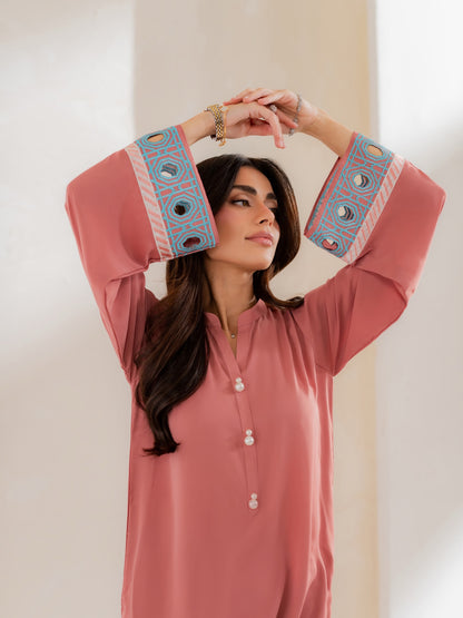 Chahana Rose Pink Embroidered French Crepe Kurta Pant Set