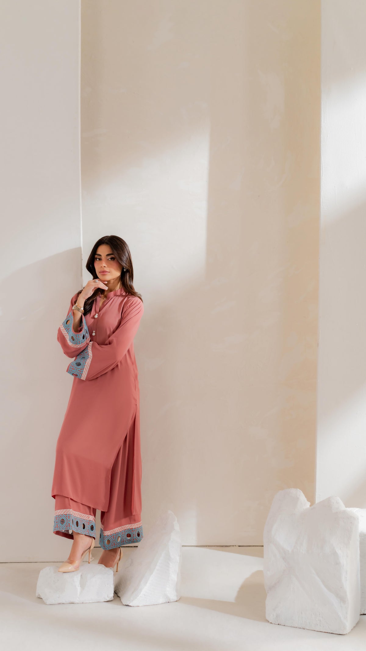Chahana Rose Pink Embroidered French Crepe Kurta Pant Set