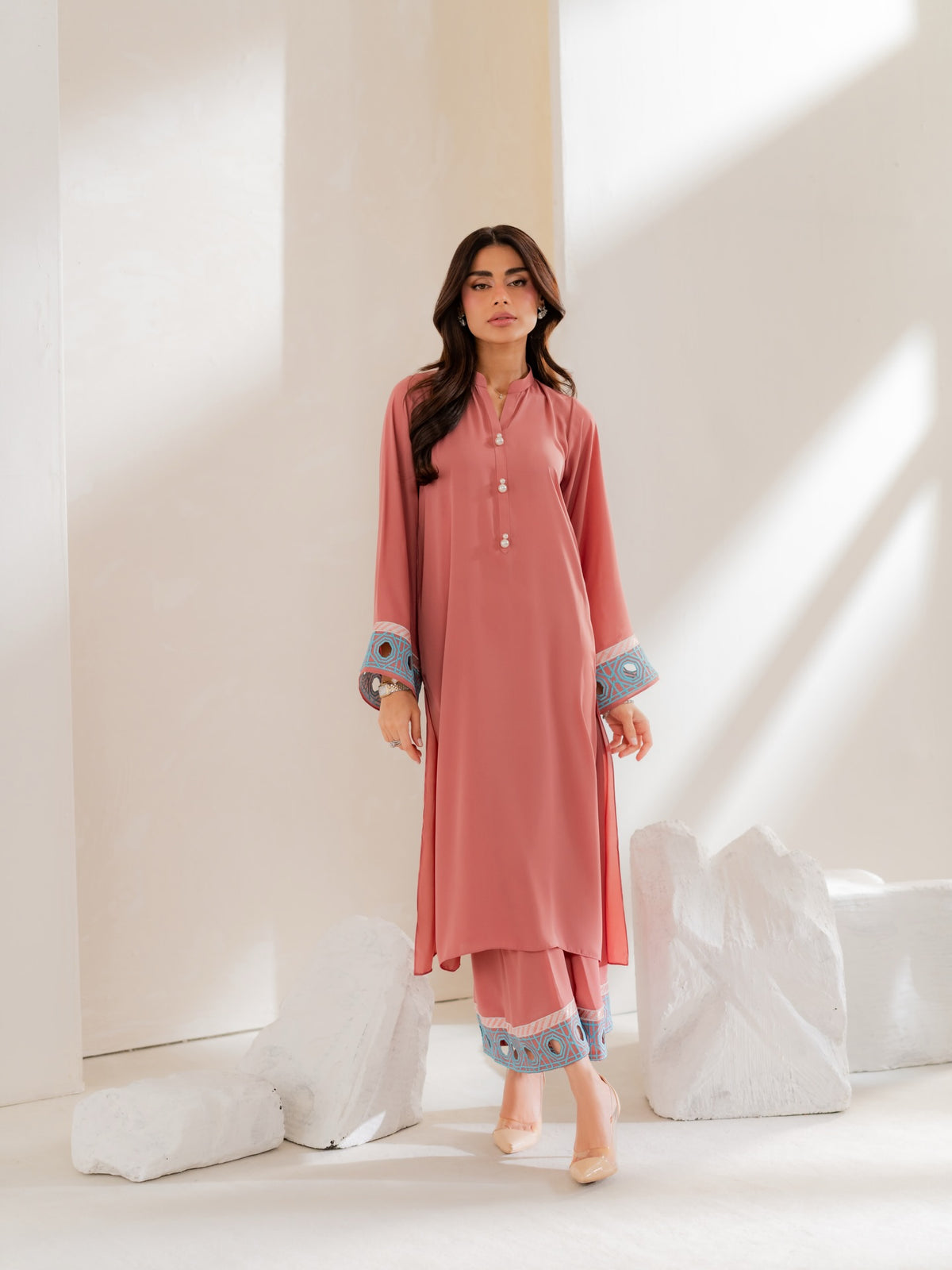 Chahana Rose Pink Embroidered French Crepe Kurta Pant Set
