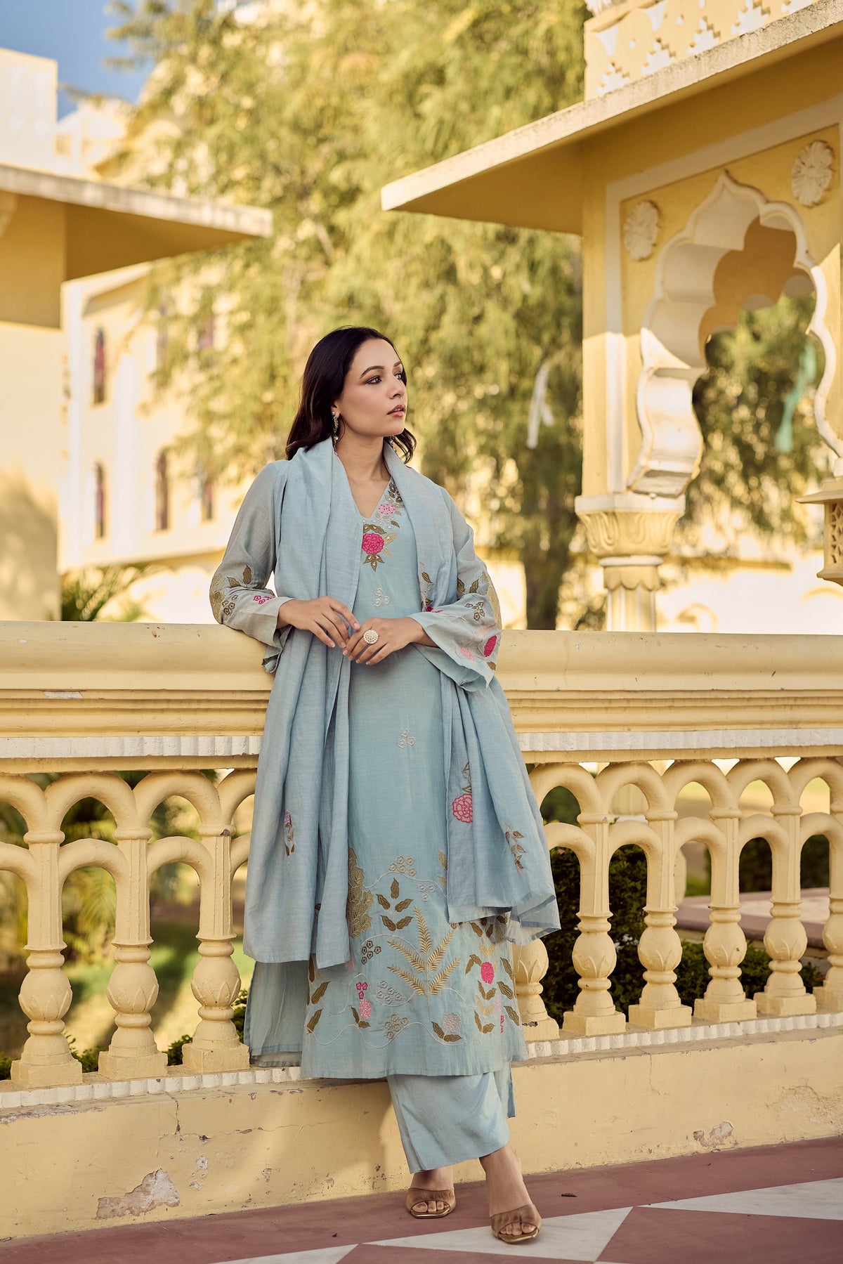 Women's Chanderi Silk Embroidered Kurta Pant Set with Matching Embroidered