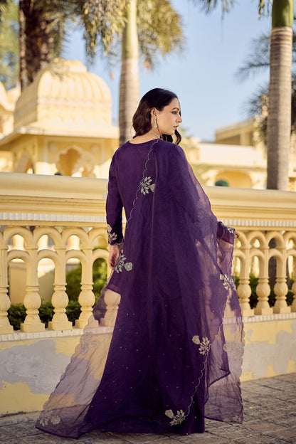 Gulabo Purple Chanderi Silk Embroidered Palazzo Suit Set with Organza Dupatta