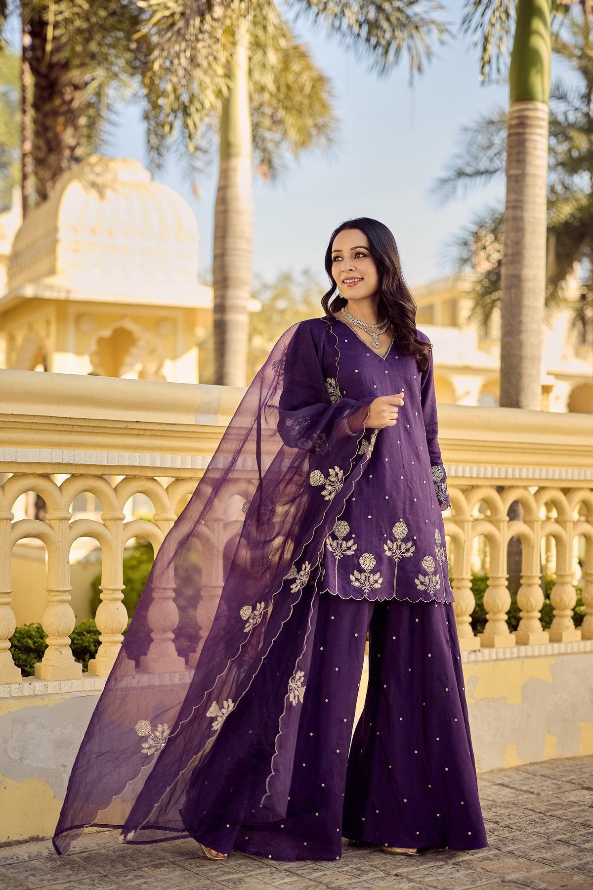 Gulabo Purple Chanderi Silk Embroidered Palazzo Suit Set with Organza Dupatta