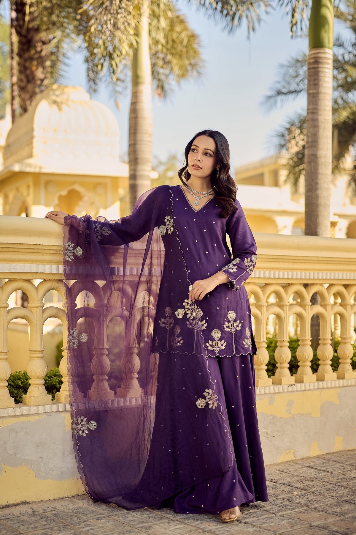 Gulabo Purple Chanderi Silk Embroidered Palazzo Suit Set with Organza Dupatta