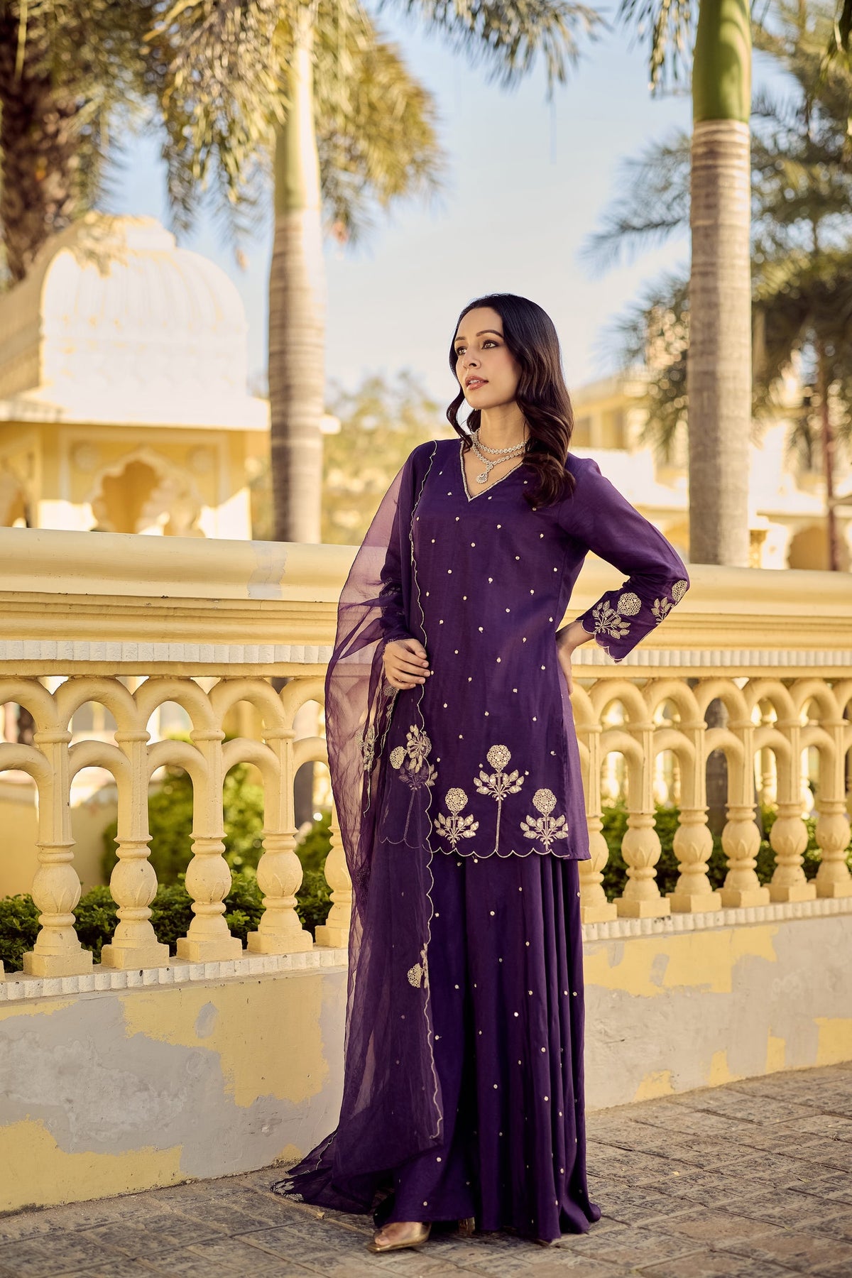 Gulabo Purple Chanderi Silk Embroidered Palazzo Suit Set with Organza Dupatta