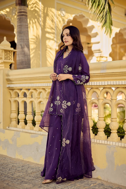 Gulabo Purple Chanderi Silk Embroidered Palazzo Suit Set with Organza Dupatta