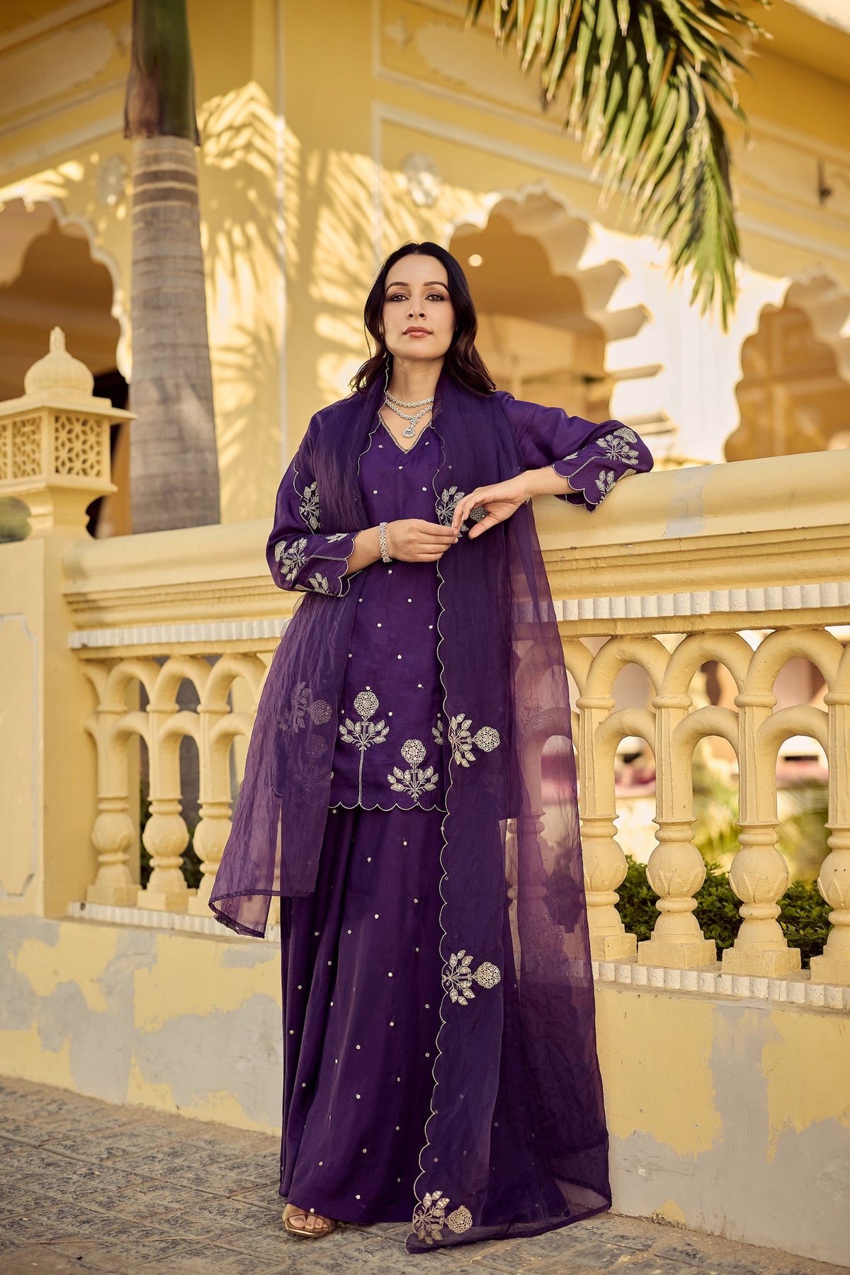 Gulabo Purple Chanderi Silk Embroidered Palazzo Suit Set with Organza Dupatta