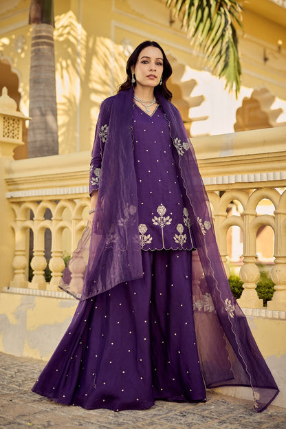 Gulabo Purple Chanderi Silk Embroidered Palazzo Suit Set with Organza Dupatta