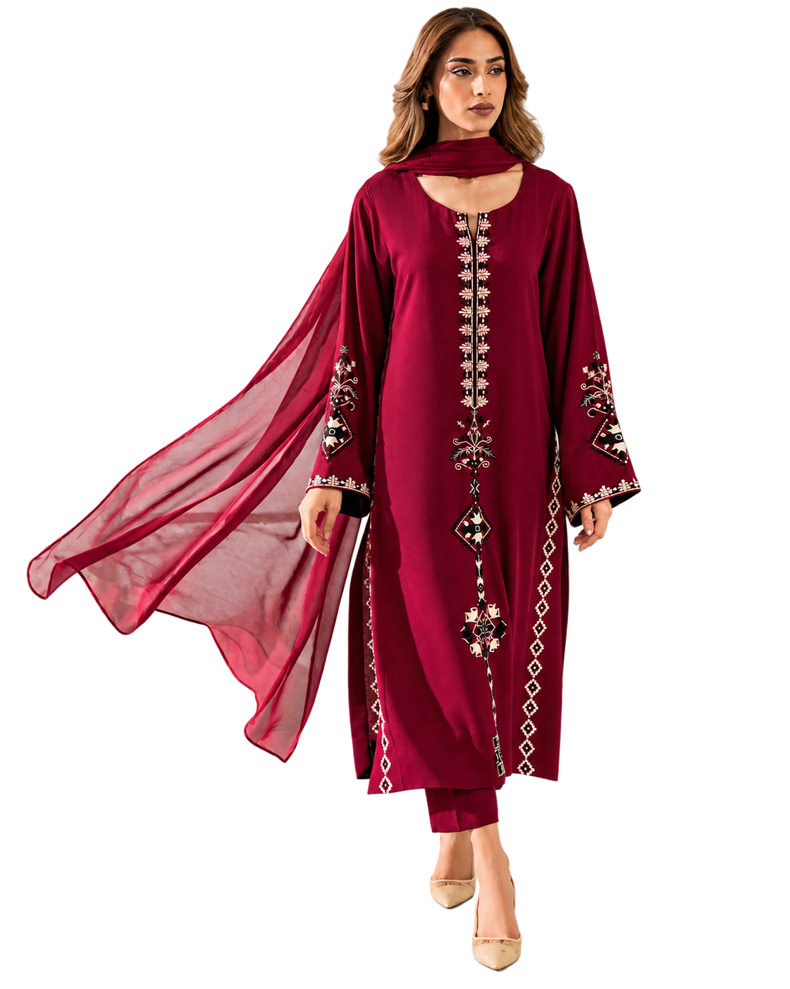 Maroon Chanderi Silk Embroidered Kurta Pant Set with Chinon Dupatta