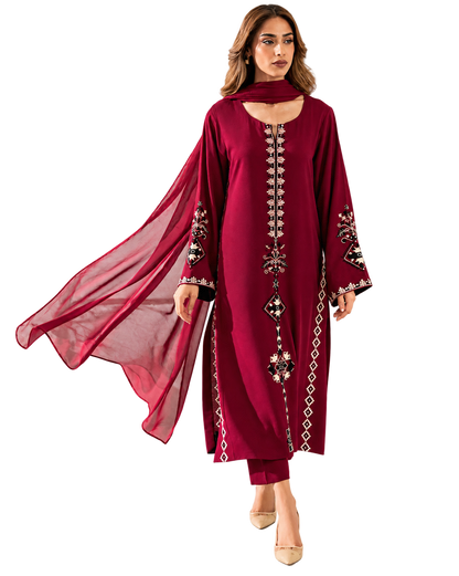 Maroon Chanderi Silk Embroidered Kurta Pant Set with Chinon Dupatta