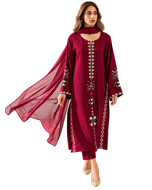 Maroon Chanderi Silk Embroidered Kurta Pant Set with Chinon Dupatta