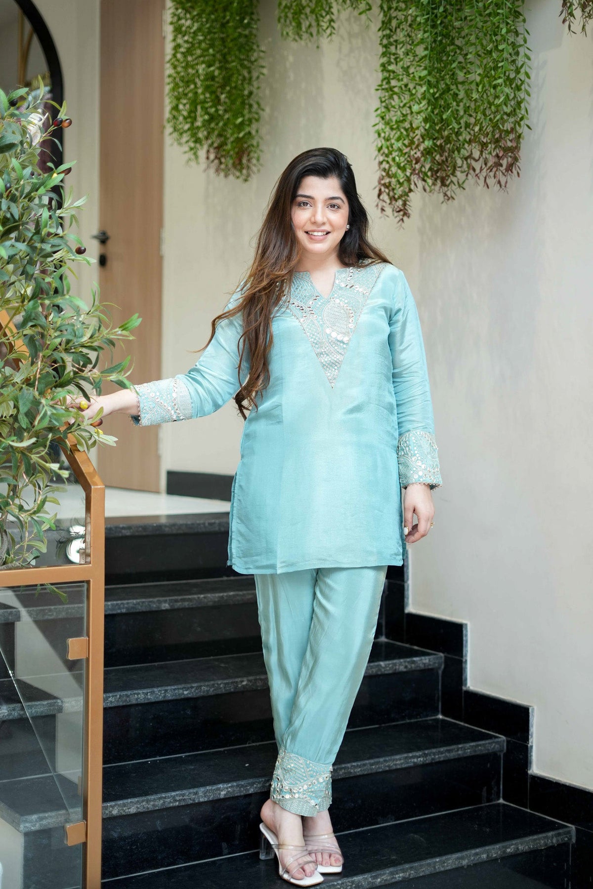 Women's Aqua Blue Shimmer Silk Kurta Palazzo Set with Mirror and Sequin Embroidery