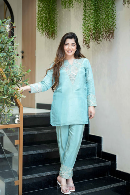 Women's Aqua Blue Shimmer Silk Kurta Palazzo Set with Mirror and Sequin Embroidery
