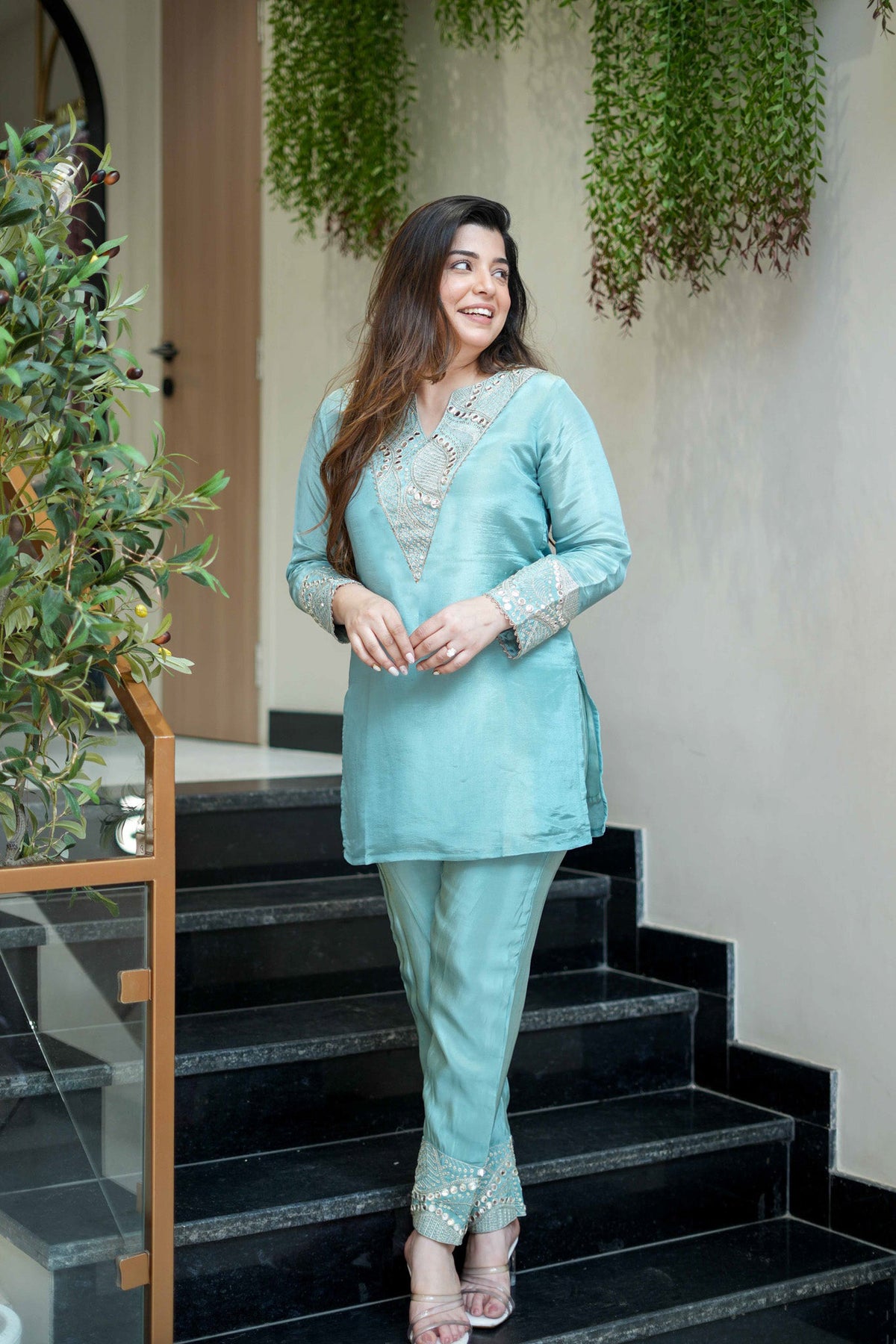 Women's Aqua Blue Shimmer Silk Kurta Palazzo Set with Mirror and Sequin Embroidery