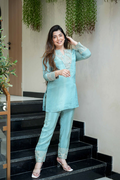 Women's Aqua Blue Shimmer Silk Kurta Palazzo Set with Mirror and Sequin Embroidery