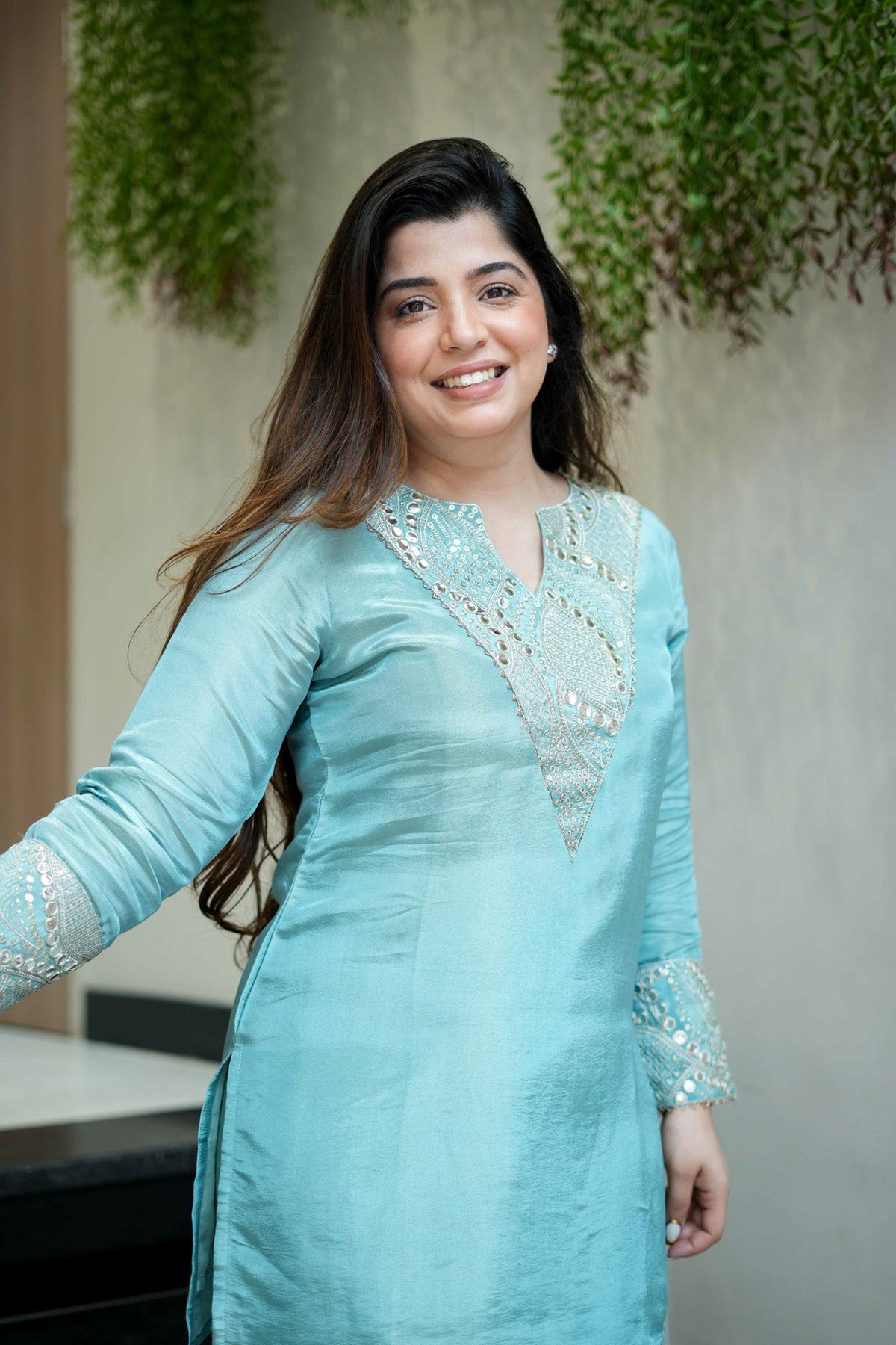 Women's Aqua Blue Shimmer Silk Kurta Palazzo Set with Mirror and Sequin Embroidery