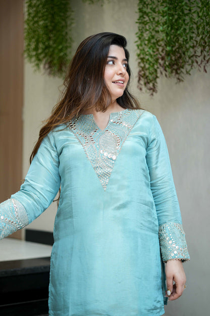 Women's Aqua Blue Shimmer Silk Kurta Palazzo Set with Mirror and Sequin Embroidery