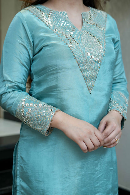 Women's Aqua Blue Shimmer Silk Kurta Palazzo Set with Mirror and Sequin Embroidery