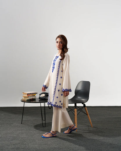 Harley Ivory Chanderi Silk Blue Embroidered Kurta Pant Set