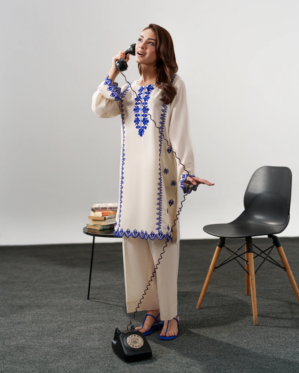 Harley Ivory Chanderi Silk Blue Embroidered Kurta Pant Set