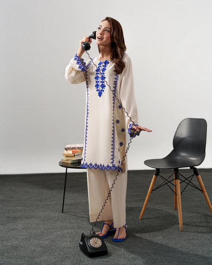 Harley Ivory Chanderi Silk Blue Embroidered Kurta Pant Set
