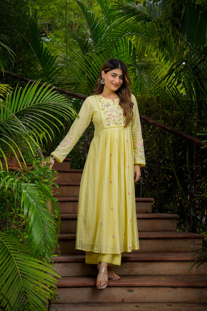 KIMORA Lemon Yellow Chanderi Silk Embroidered Kurta Pant Set with Dupatta