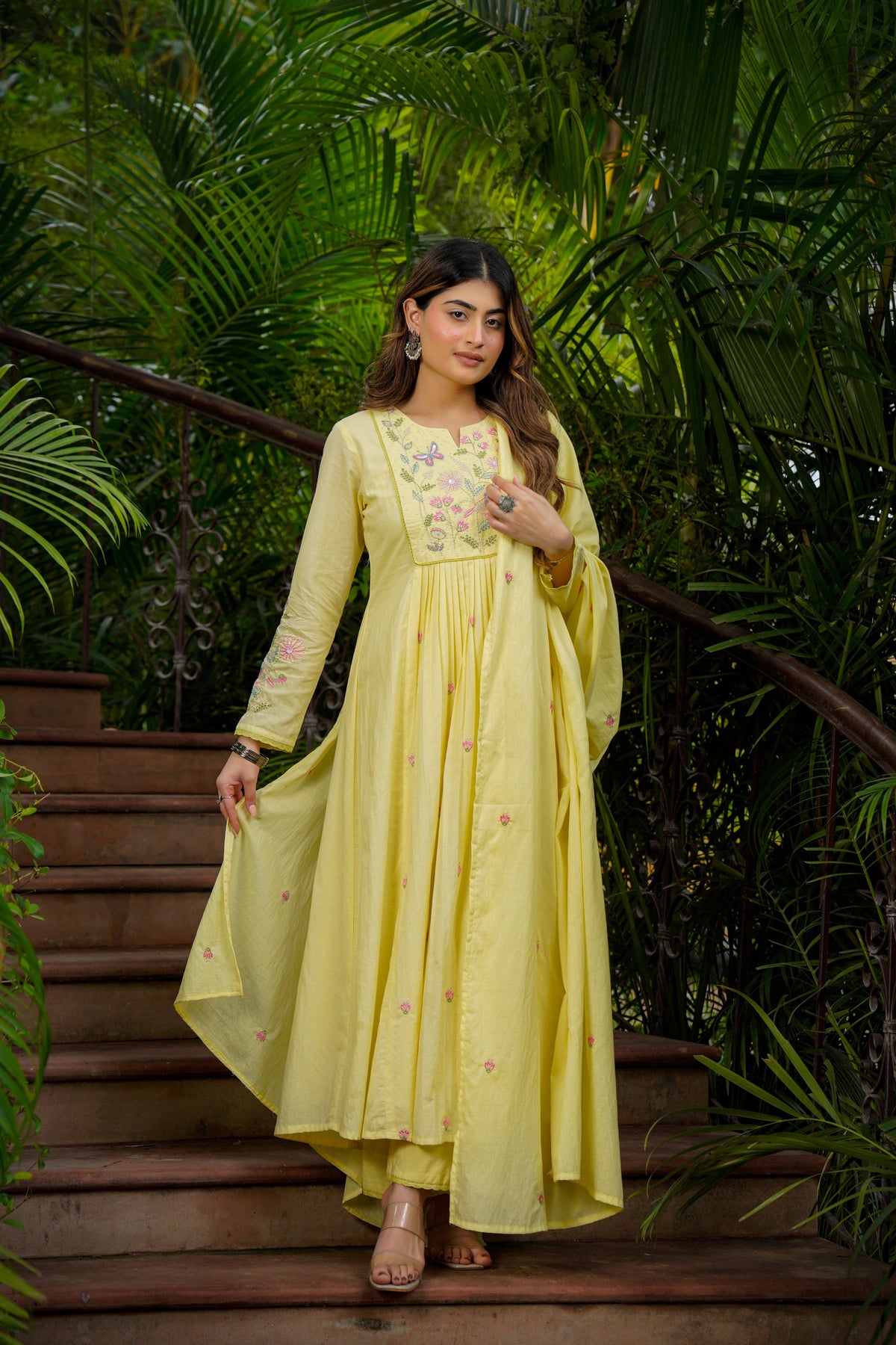 KIMORA Lemon Yellow Chanderi Silk Embroidered Kurta Pant Set with Dupatta