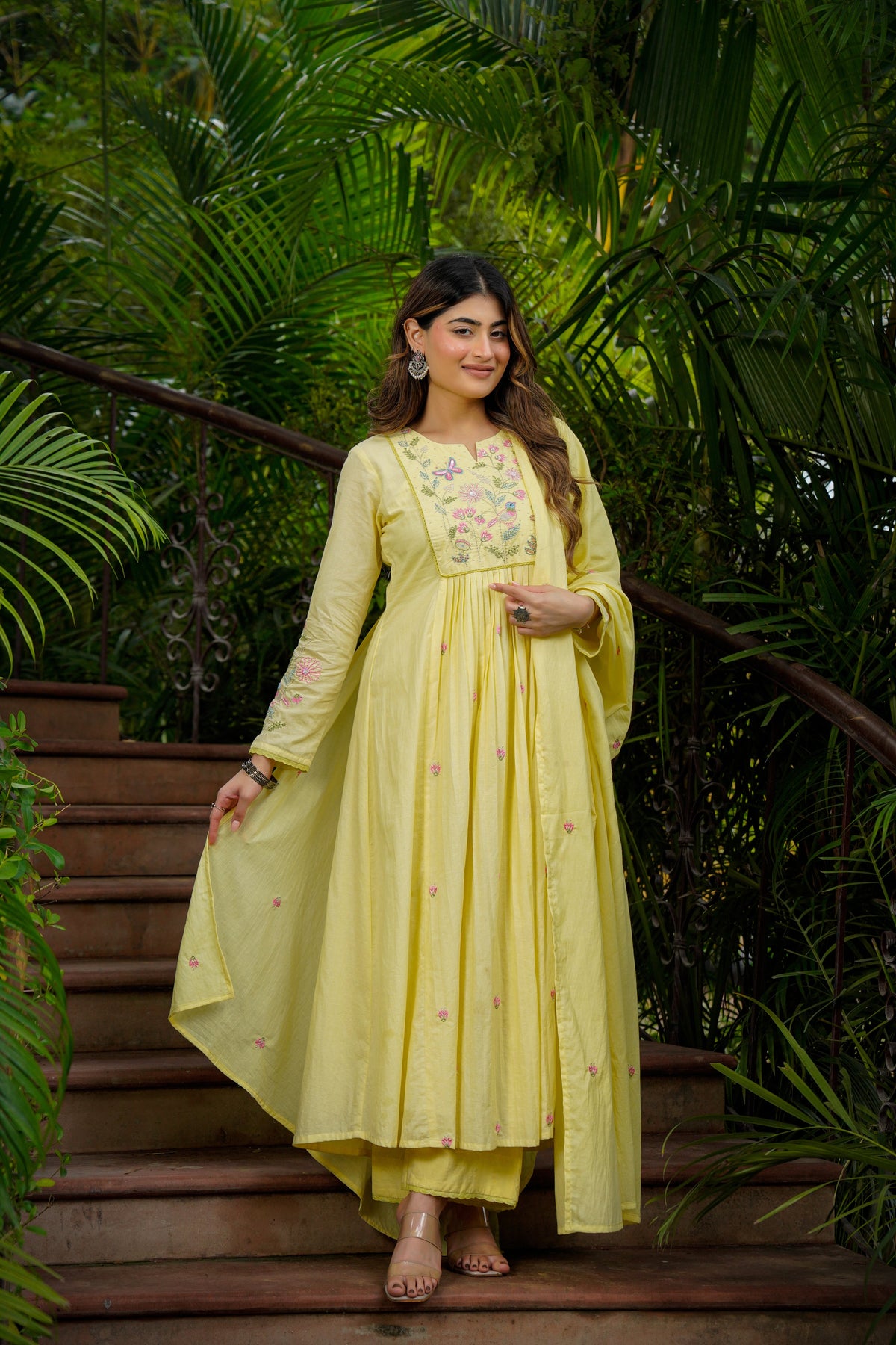 KIMORA Lemon Yellow Chanderi Silk Embroidered Kurta Pant Set with Dupatta