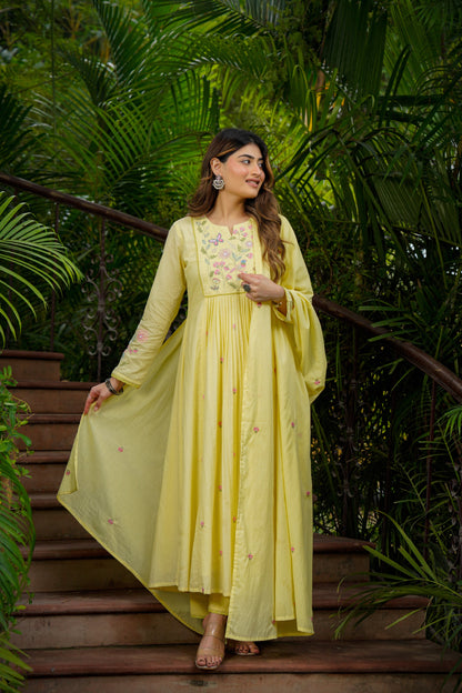 KIMORA Lemon Yellow Chanderi Silk Embroidered Kurta Pant Set with Dupatta