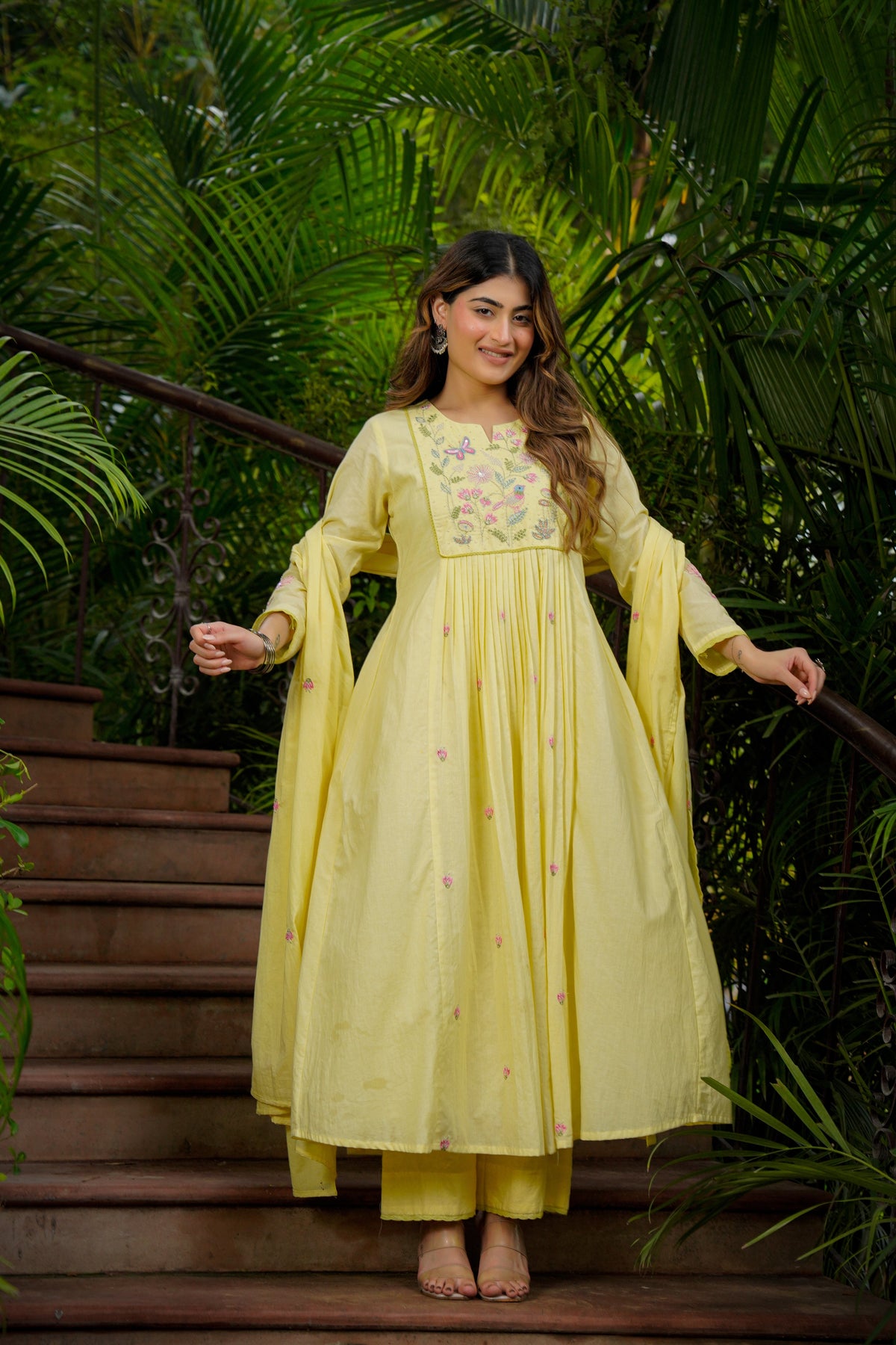 KIMORA Lemon Yellow Chanderi Silk Embroidered Kurta Pant Set with Dupatta