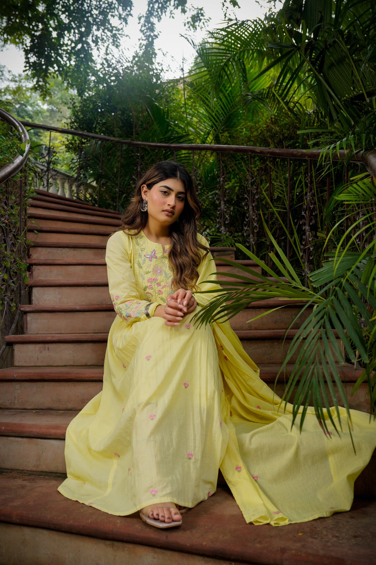 KIMORA Lemon Yellow Chanderi Silk Embroidered Kurta Pant Set with Dupatta