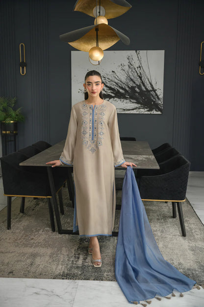 Flora Beige Chanderi Silk Embroidered Suit Set with Blue Chinon Dupatta