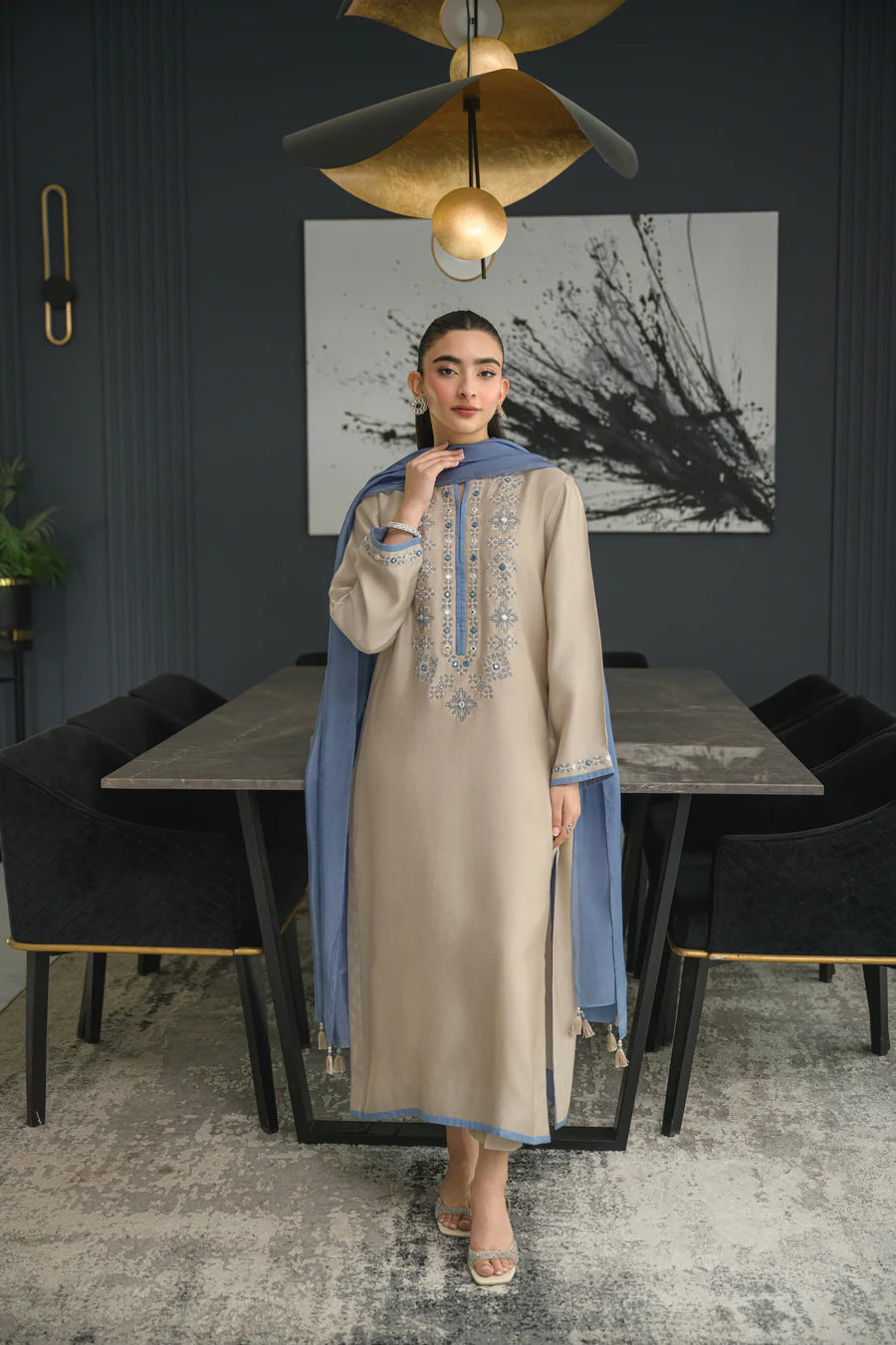 Flora Beige Chanderi Silk Embroidered Suit Set with Blue Chinon Dupatta