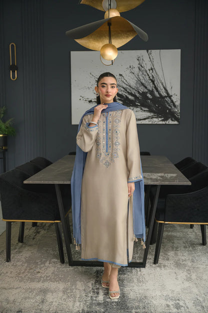 Flora Beige Chanderi Silk Embroidered Suit Set with Blue Chinon Dupatta