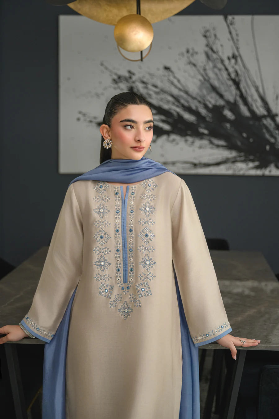 Flora Beige Chanderi Silk Embroidered Suit Set with Blue Chinon Dupatta