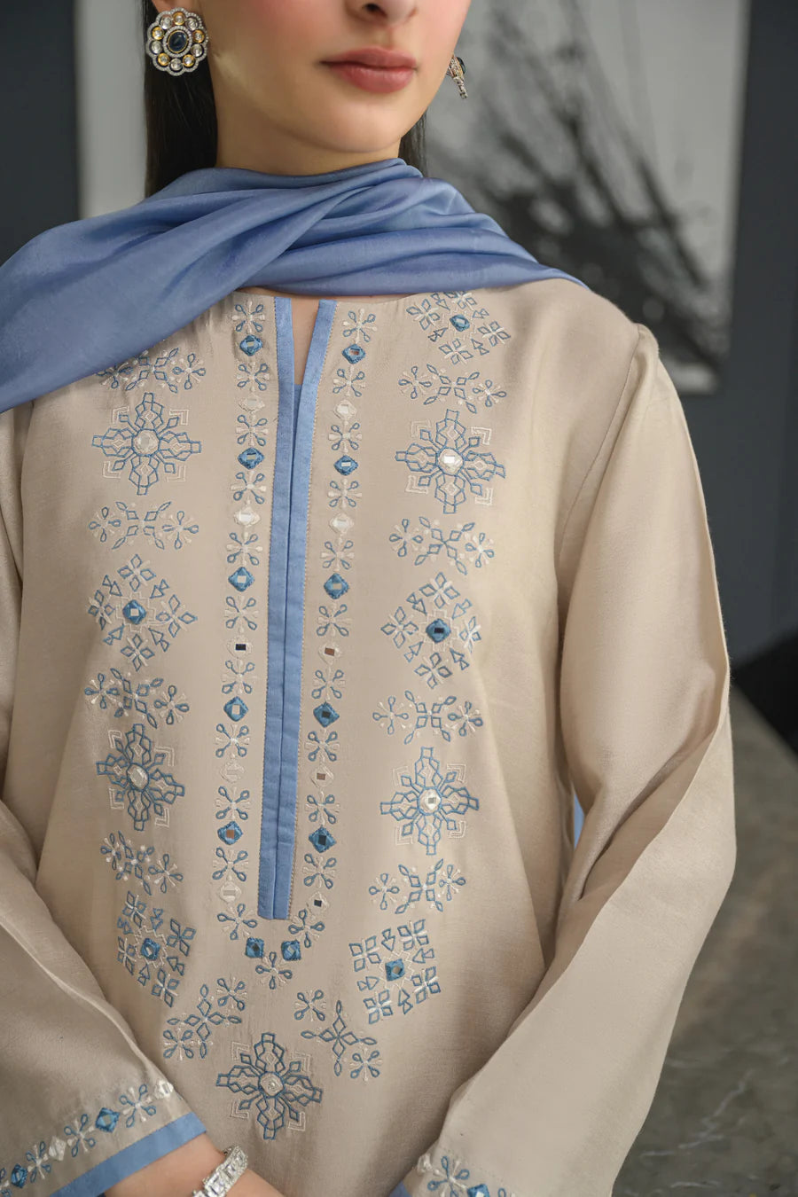 Flora Beige Chanderi Silk Embroidered Suit Set with Blue Chinon Dupatta