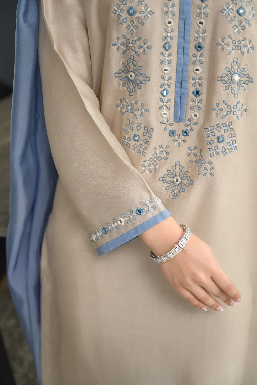 Flora Beige Chanderi Silk Embroidered Suit Set with Blue Chinon Dupatta