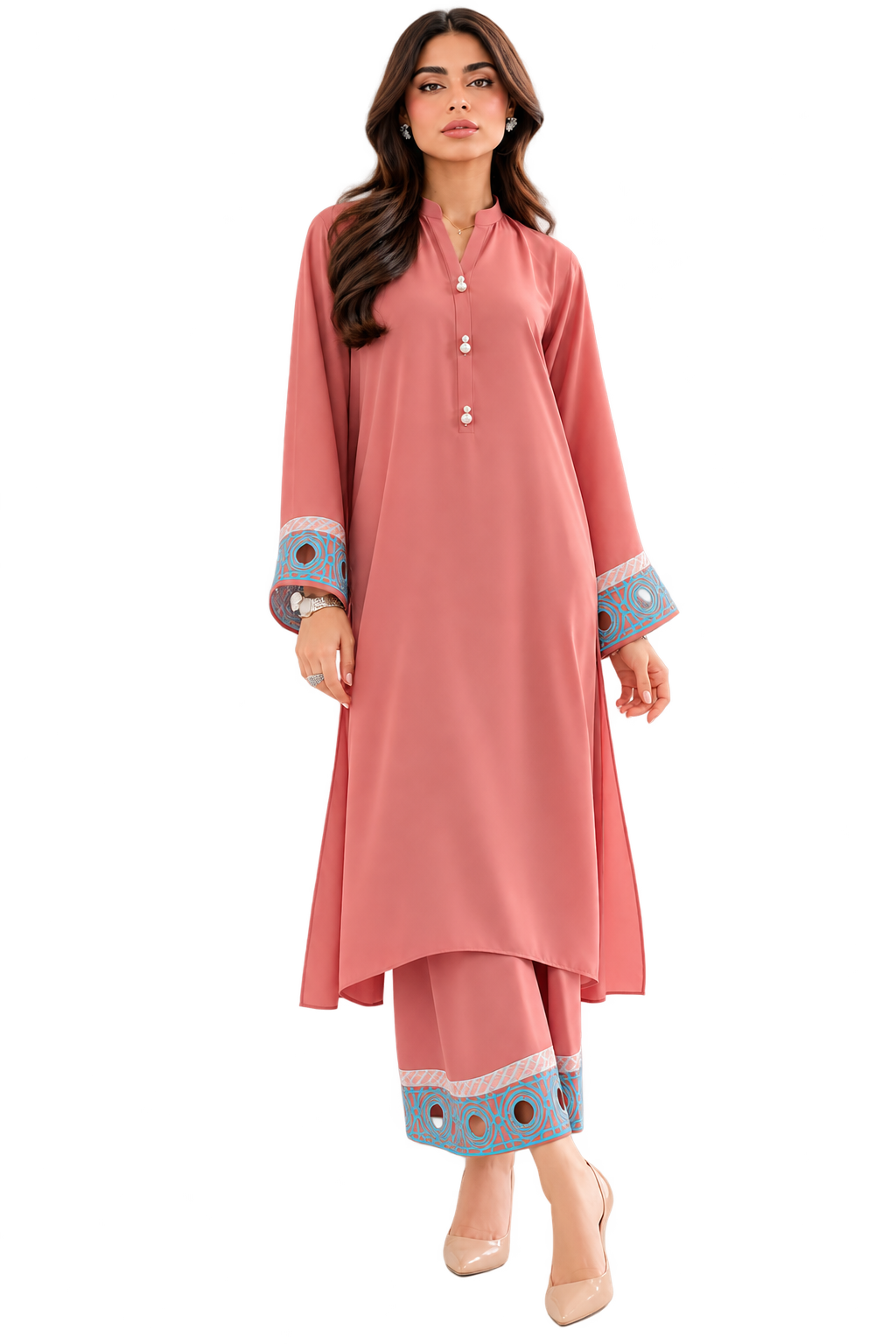 Chahana Rose Pink Embroidered French Crepe Kurta Pant Set