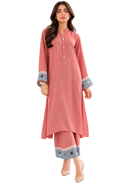 Chahana Rose Pink Embroidered French Crepe Kurta Pant Set