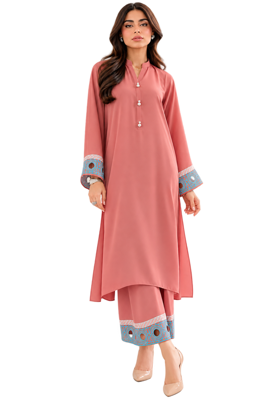 Chahana Rose Pink Embroidered French Crepe Kurta Pant Set