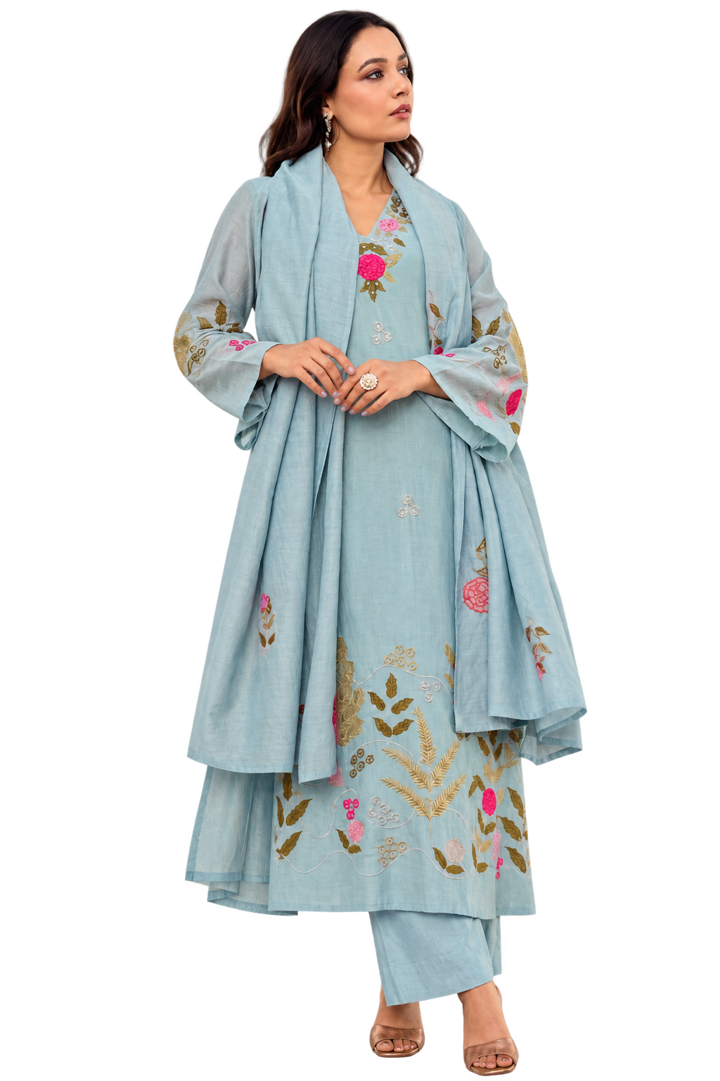 Women's Chanderi Silk Embroidered Kurta Pant Set with Matching Embroidered