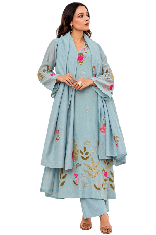 Women's Chanderi Silk Embroidered Kurta Pant Set with Matching Embroidered