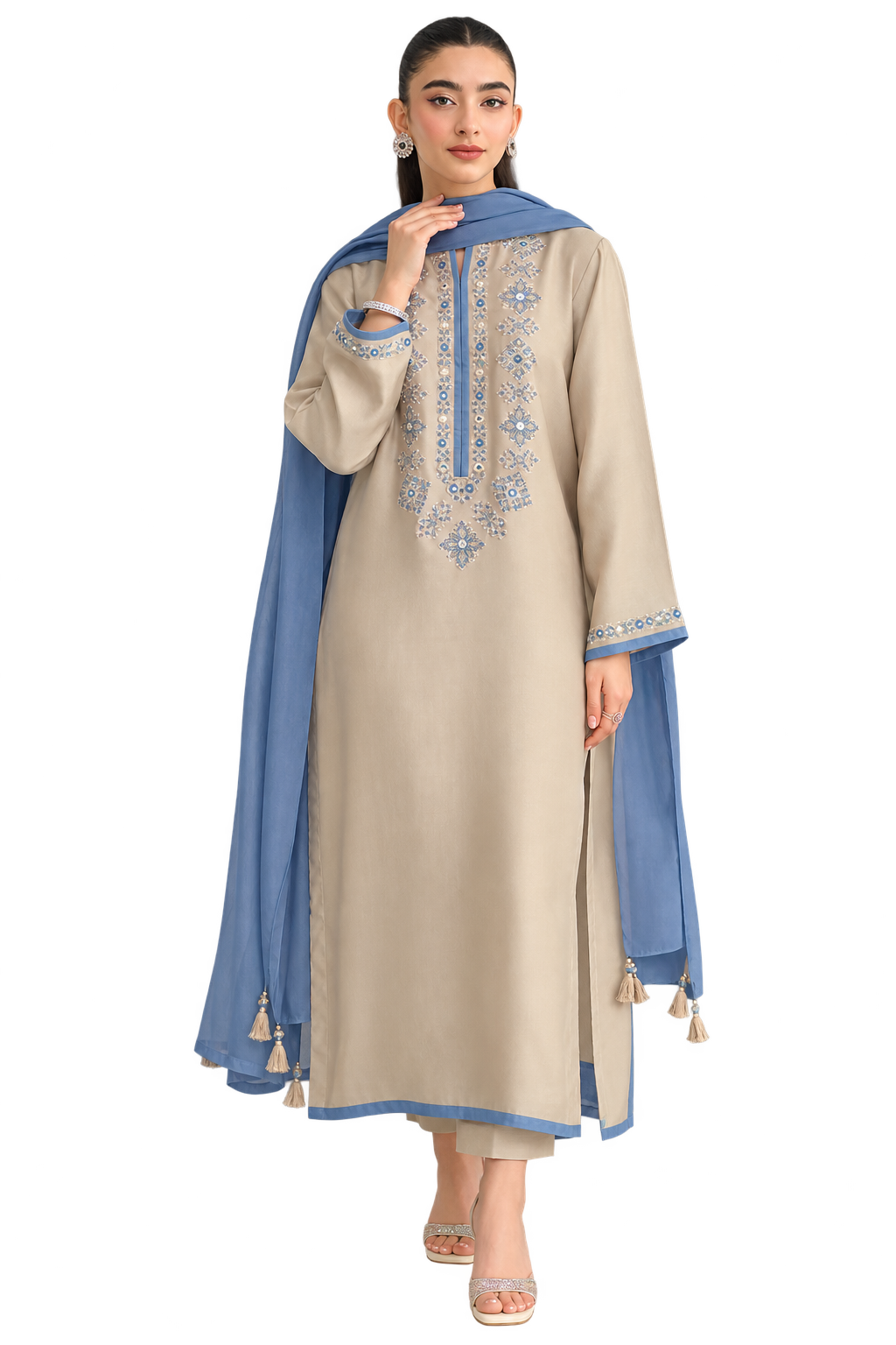 Flora Beige Chanderi Silk Embroidered Suit Set with Blue Chinon Dupatta